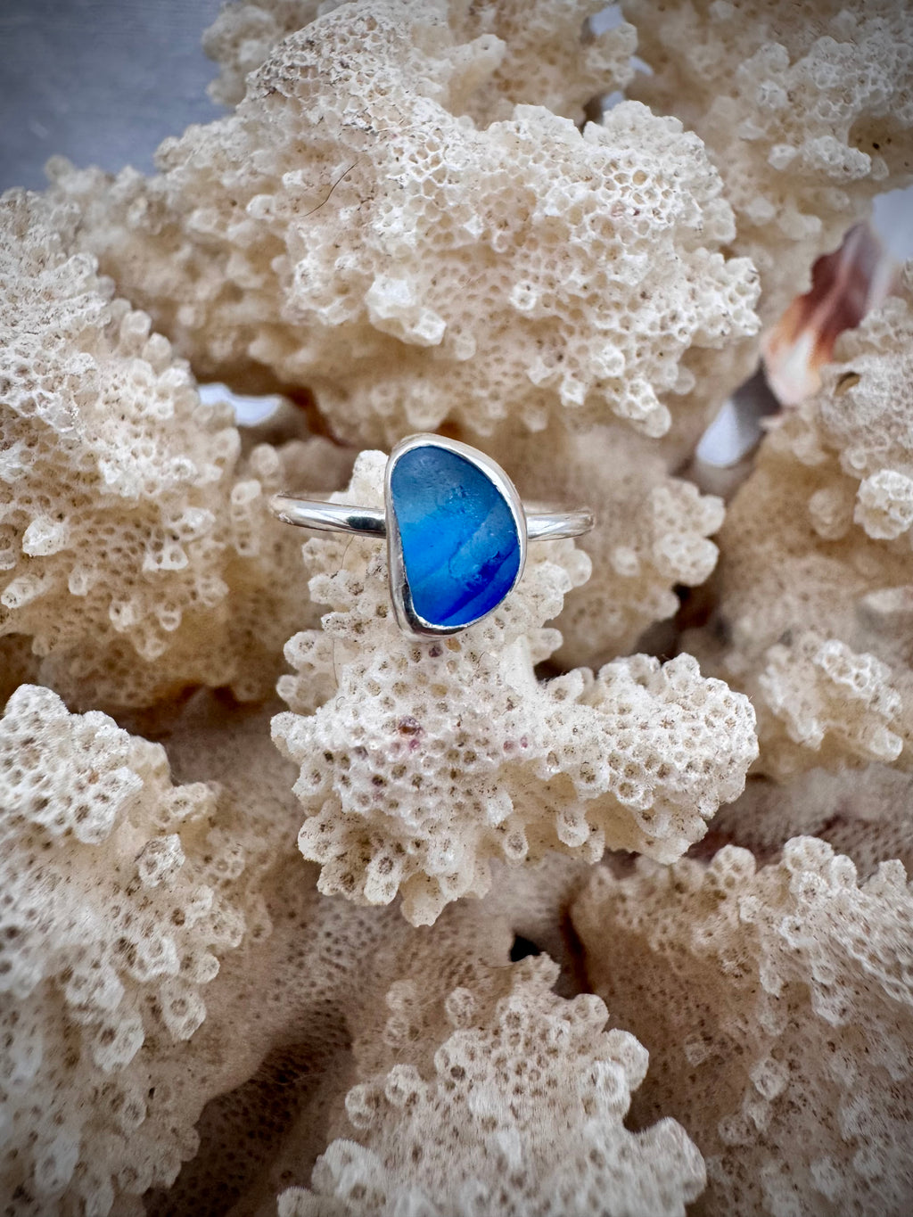 One-of-a-kind Multi Blue Sea glass Ring